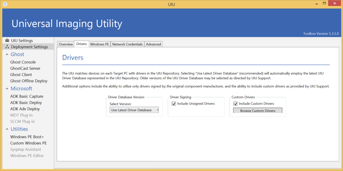 uiu deployment settings drivers