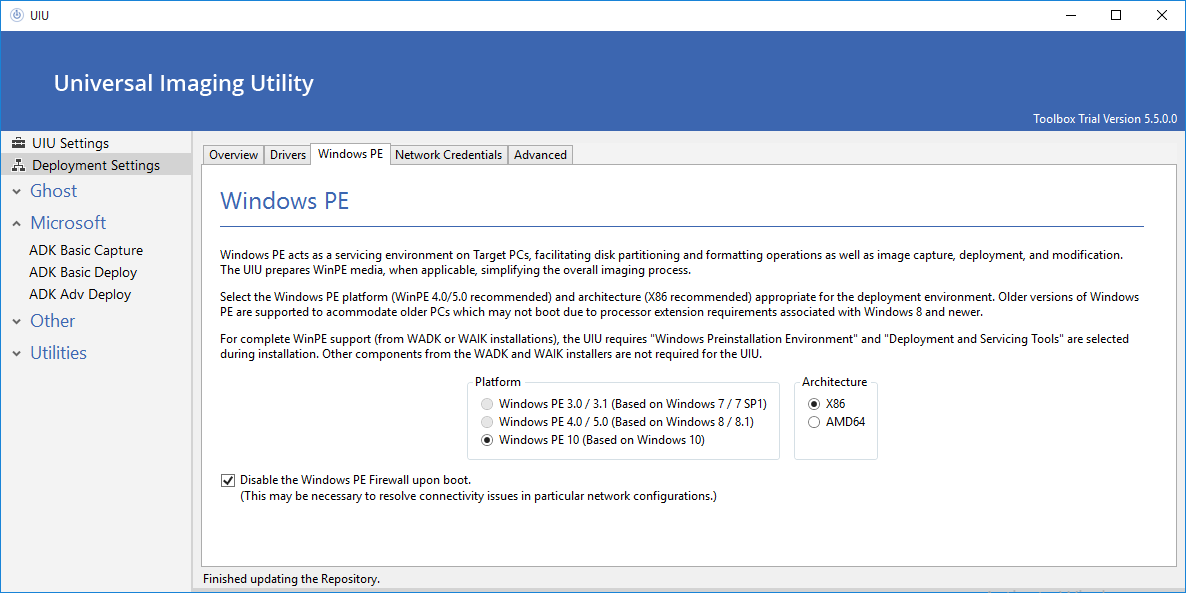 uiu deployment settings winpe